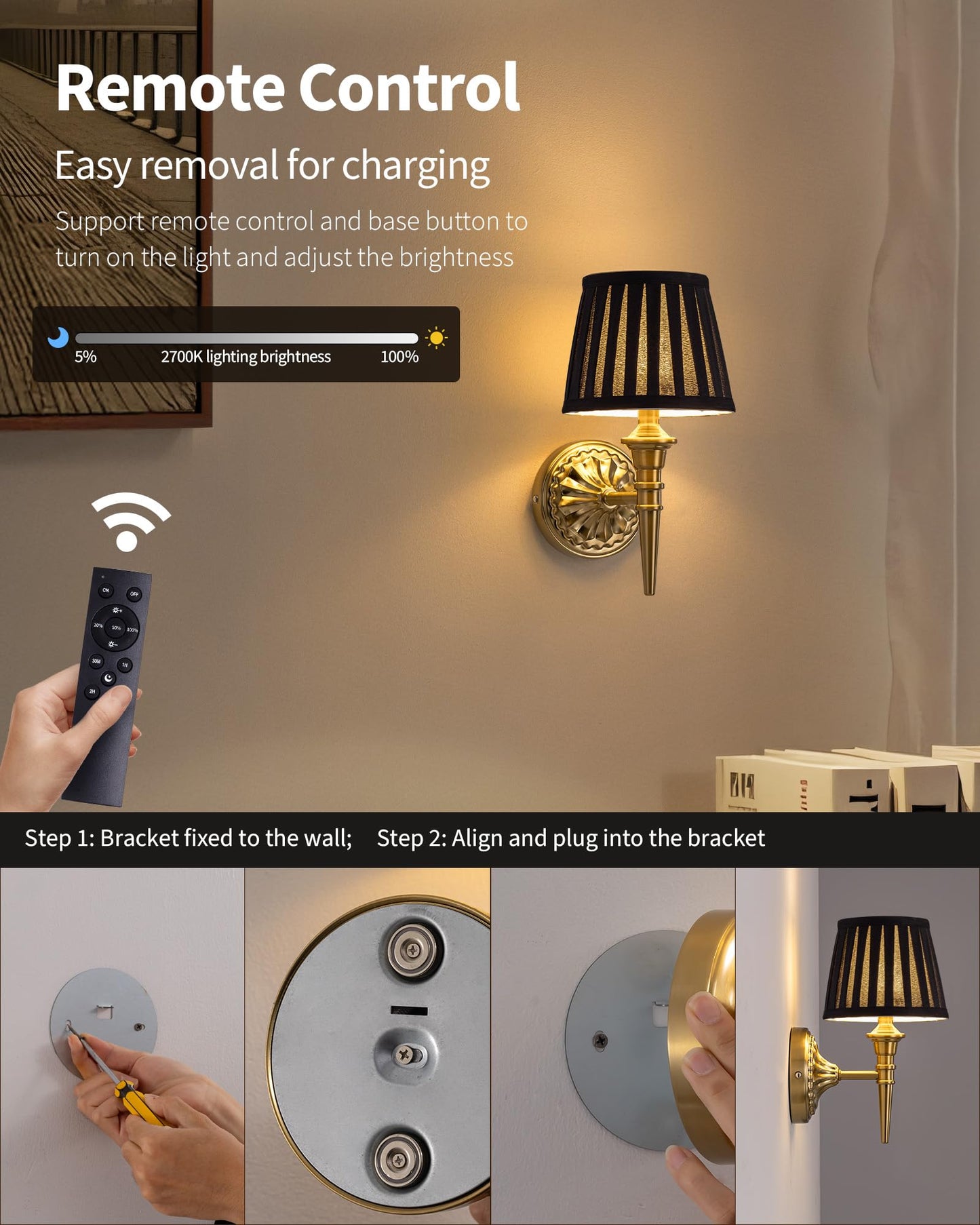 Kdg Cordless Wall Sconces Set Of 2  Small Wireless 5200Mah Rechargeable Battery Fabric Led Wall Lamps  Portables Lightings For Wall discomfort-reducingting  Living Room  Bedroom  Hallway  Gifts (Black Lampshde)