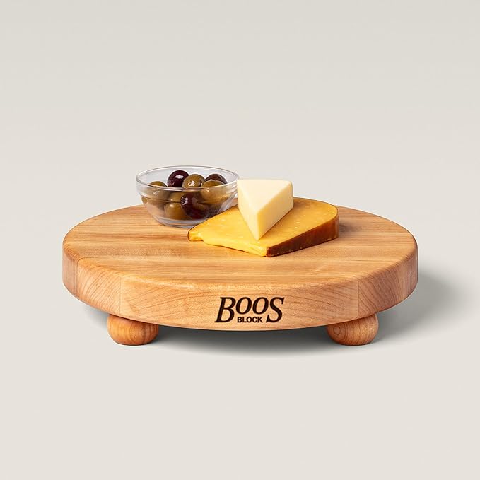 John Boos B Series Round Wooden Maple Cutting Board 12”x12” – 1.5” Thick, 12-lb Non-Reversible Butcher Block with Wood Bun Feet & Edge-Grain