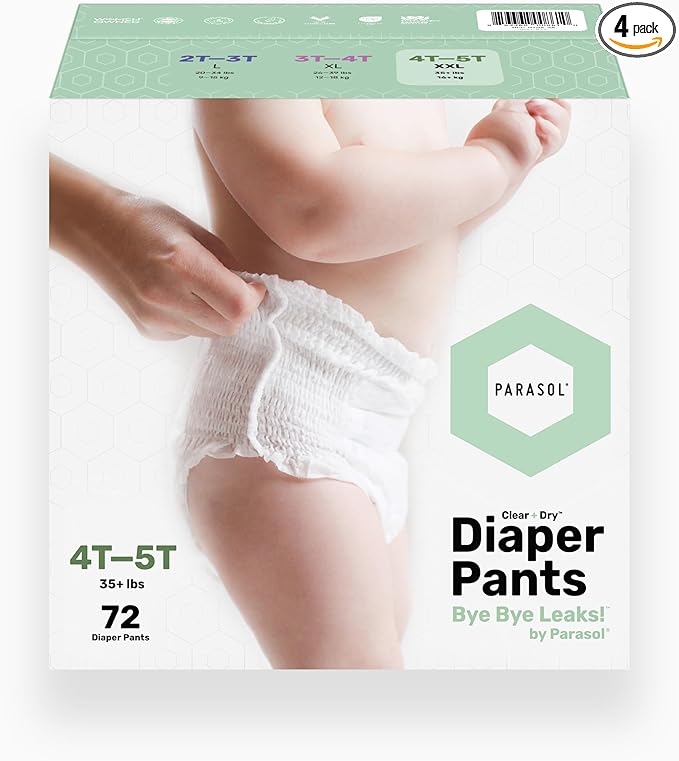 Parasol Clear+Dry Natural Disposable Diaper Pants, RashShield Protection and Active 360 Comfort Wrap, Hypoallergenic Training Diapers, Size 6 (4T-5T), 72 Count