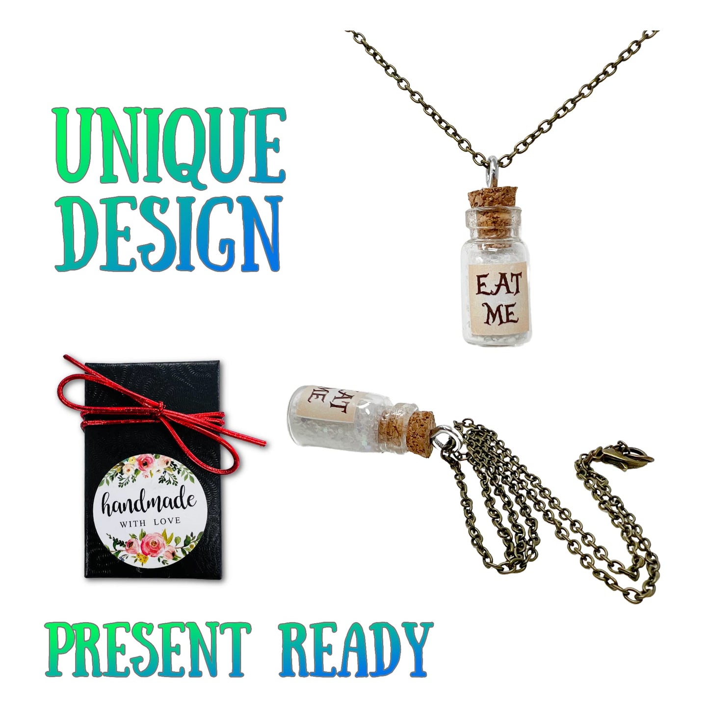 UMBRELLALABORATORY Alice in Wonderland Fairy Glow in The Dark Kawaii Necklace-Eat me handmade label sticker