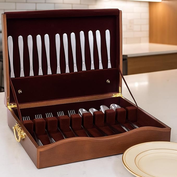 Silverware Storage Box,1 Layer Wooden Silverware Chest with Drawer,Silverware Case with Handle and Felt Lined,15.35" x 11.41" Flatware and Utensil Organizer for Kitchen,Black(Flatware Not Included)