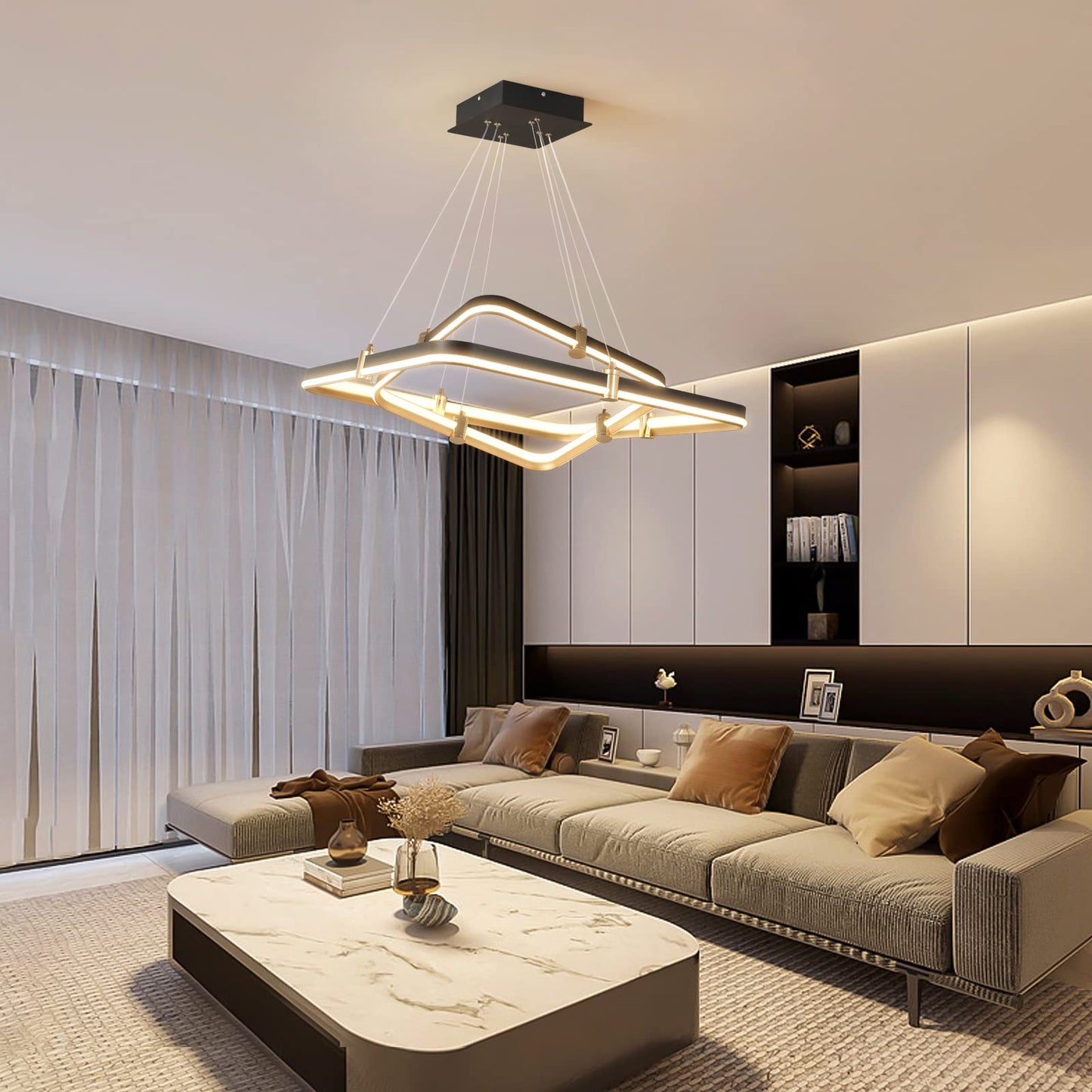 Siittoo Modern Black Chandelier Dining Room Light Fixture  96W Dimmable Led Modern Pendant Light  2-Ring Rectangular Chandelier Hanging Light Fixture For Kitchen Island Living Room Hall  F=24+16