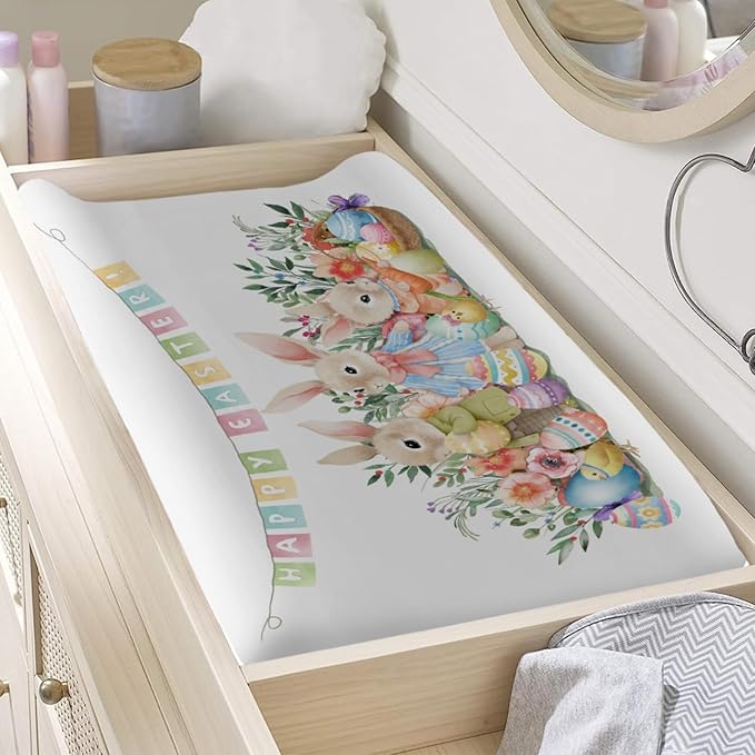 Happy Easter Bunny Eggs Changing Pad Cover Spring Rabbits Chicks Grass Flowers Leaves Garden Diaper Changing Table Cover Sheets for Boy Girl Soft Stretchy Change Table Pad Mats Covers 32''x16''