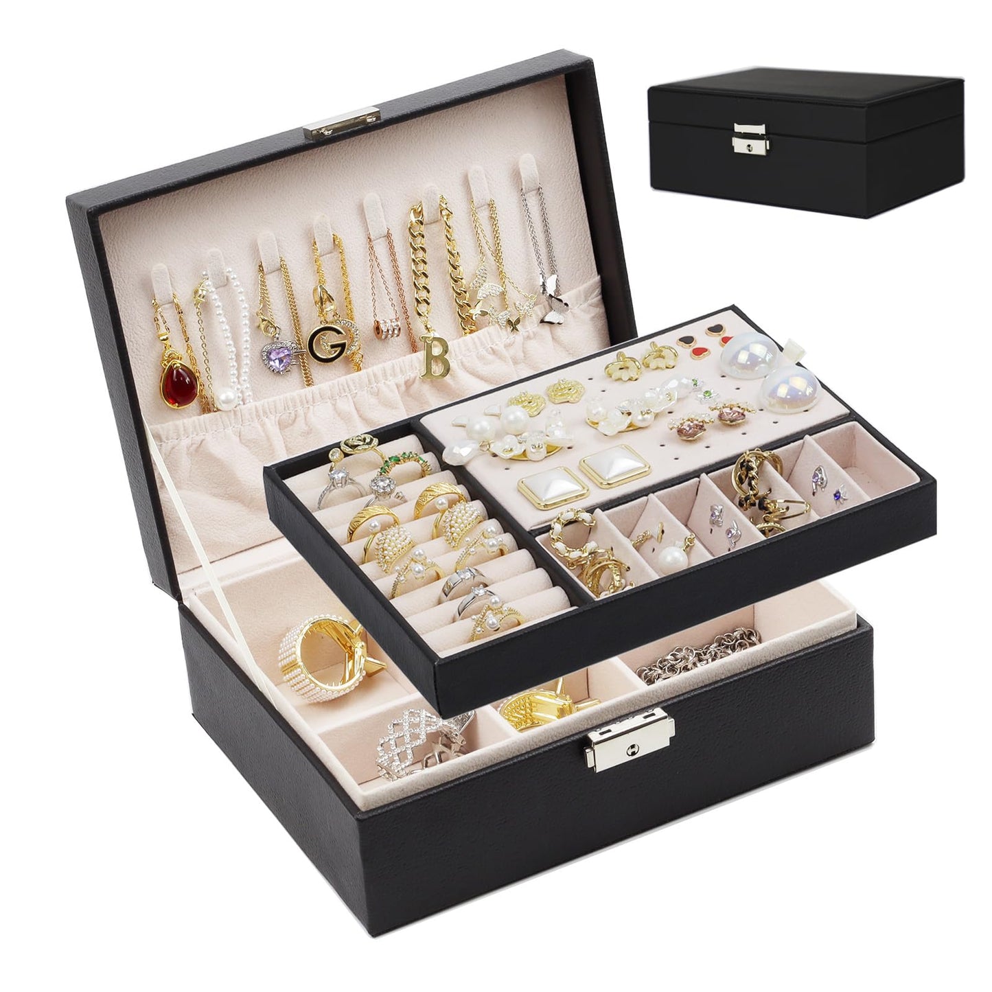 SYCARON Jewelry Box Organizer for Women, Jewelry Organizers 2 Layer Jewelry Storage Box PU Leather with Lock for Women Girls Rin