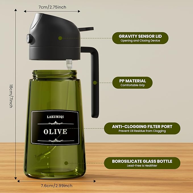 2 in 1 Oil Sprayer for Cooking 16oz, Green Light-Blocking Glass Olive Oil Dispenser Bottle, Food-Grade Oil Mister with 8 Stickers for Kitchen Salad Frying