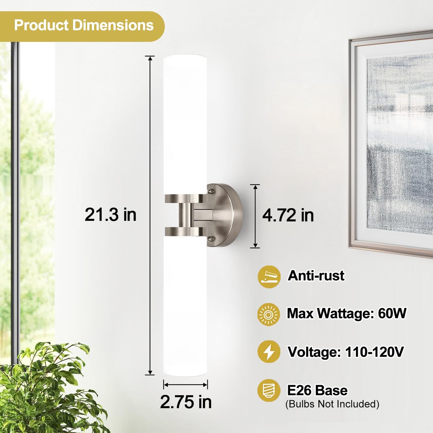 Indoi Wall Sconces Set of Two, Brushed Nickel Gold Bathroom Sconces Wall Lighting with Milky White Glass, Modern Sconces Wall Decor Set of 2 Bathroom Light Fixtures for Mirror Living Room Bedroom
