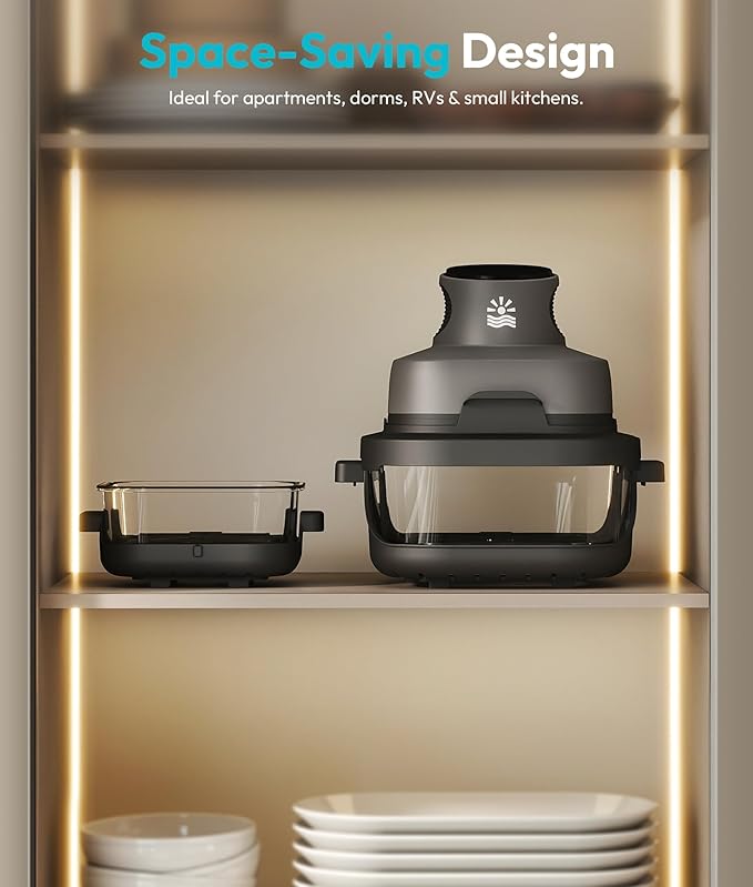 4-in-1 Portable Glass Air Fryer - 1500W, 4.2QT & 6 Cup Dual Containers, 140°F–400°F Temp Range, Microwave, Freezer & Dishwasher Safe, Grey