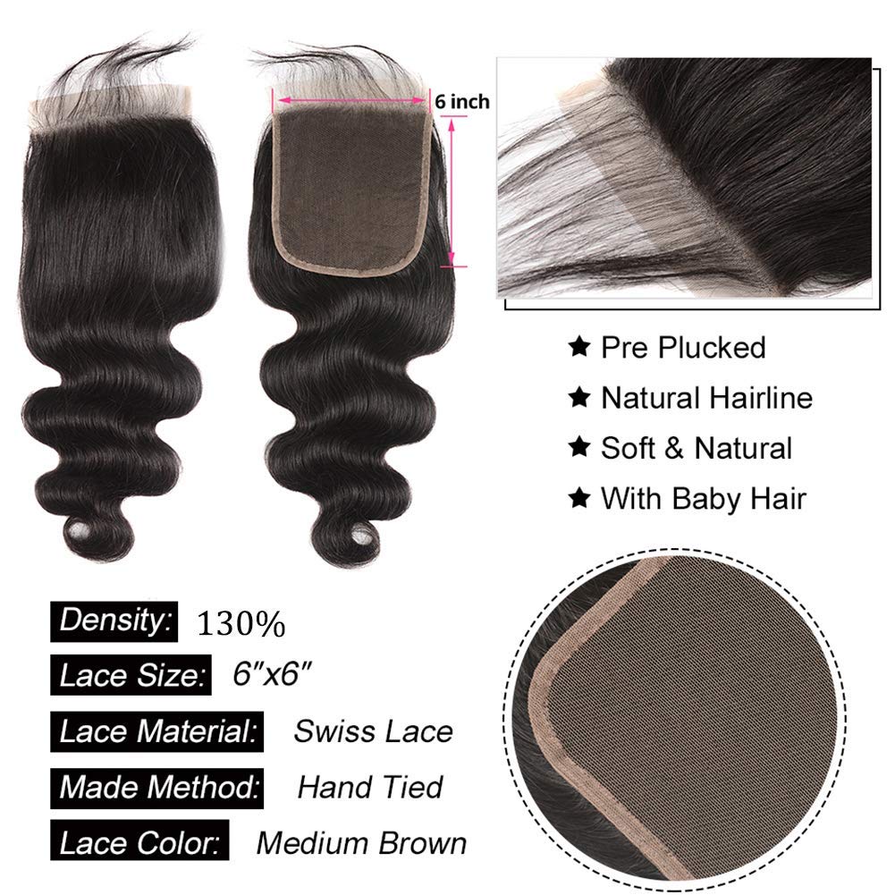 6x6 Hd Lace Closure Human Hair Pre Plucked With Baby Hair Body Wave High Density Unprocessed Brazilian Virgin Hair 10a Grade Nat