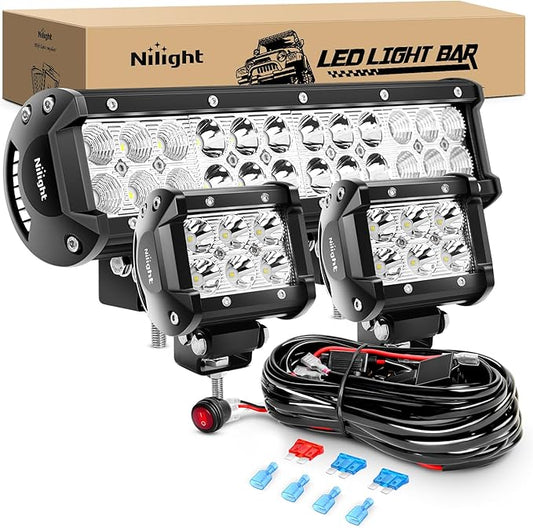 Nilight 12 Inch 72W Spot Flood Combo Led Light Bar 2Pcs 4Inch 18W Flood LED Pods Fog Lights Off Road with Wiring Harness K...