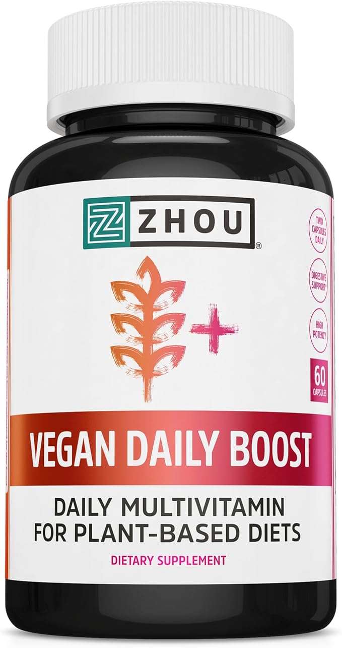Zhou Vegan Essentials Multivitamin Supplement, B Vitamins, Energy, Vitamin C, Zinc, Immune System Function, Iodine Thyroid Support, Liposomal Iron, Plant-Based Diet Multivitamin, 60 Veg Caps
