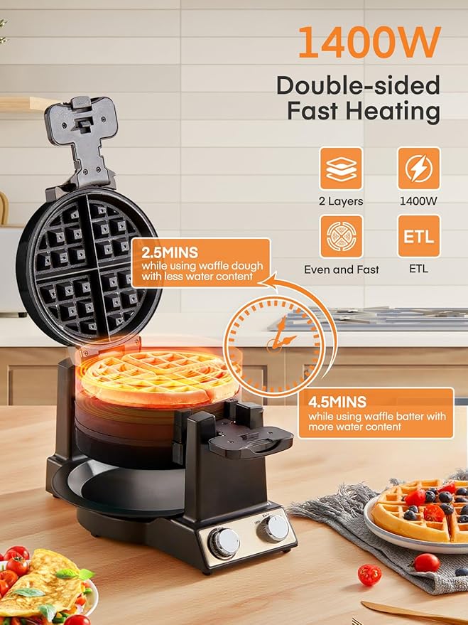 FOHERE 2-in-1 Waffle Maker & Omelette Maker, 1400W Double Belgian Waffle Iron 180° Flip, Adjustable Browning Control, Rotating & Nonstick Pans, Removable Drip Tray, Cool Touch Handle (Dark Black)
