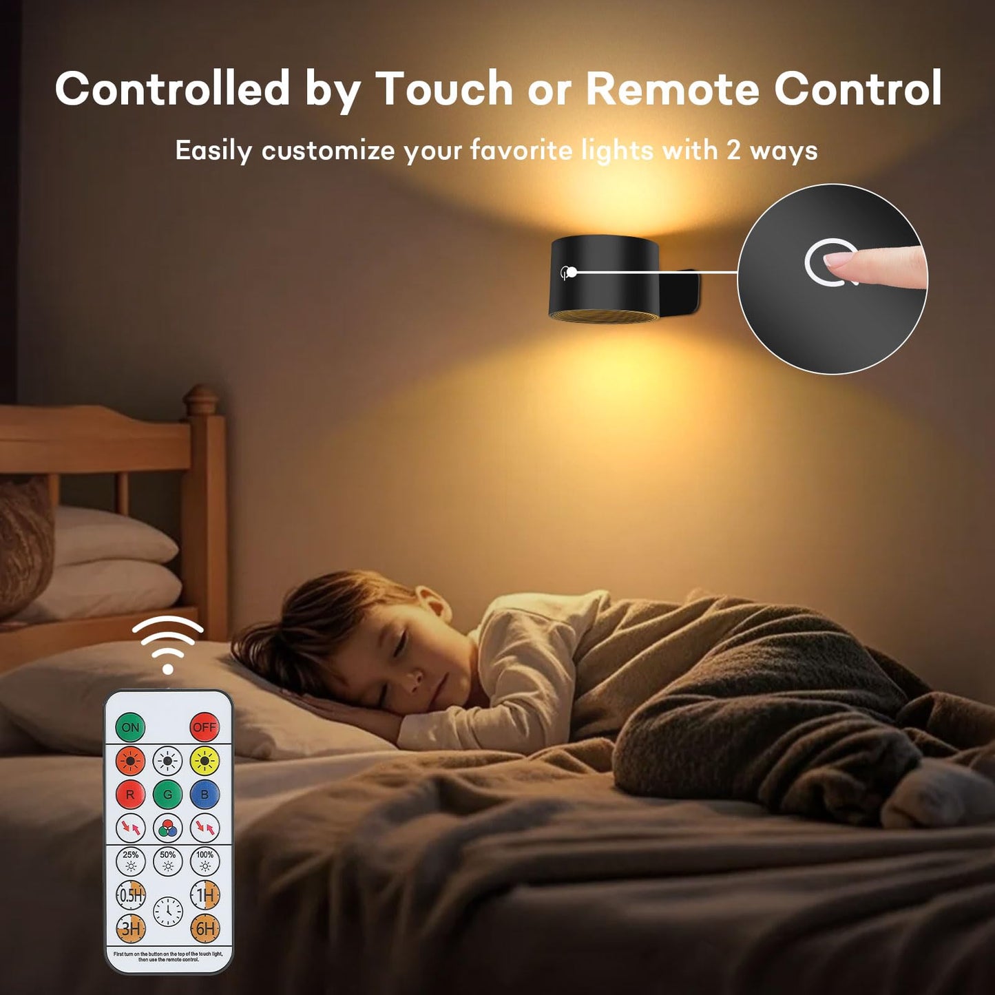 Lightess Battery Operated Wall Sconce, RGB Dimmable, Remote Control, Magnetic Rotation, Model SH-C6104C, Black
