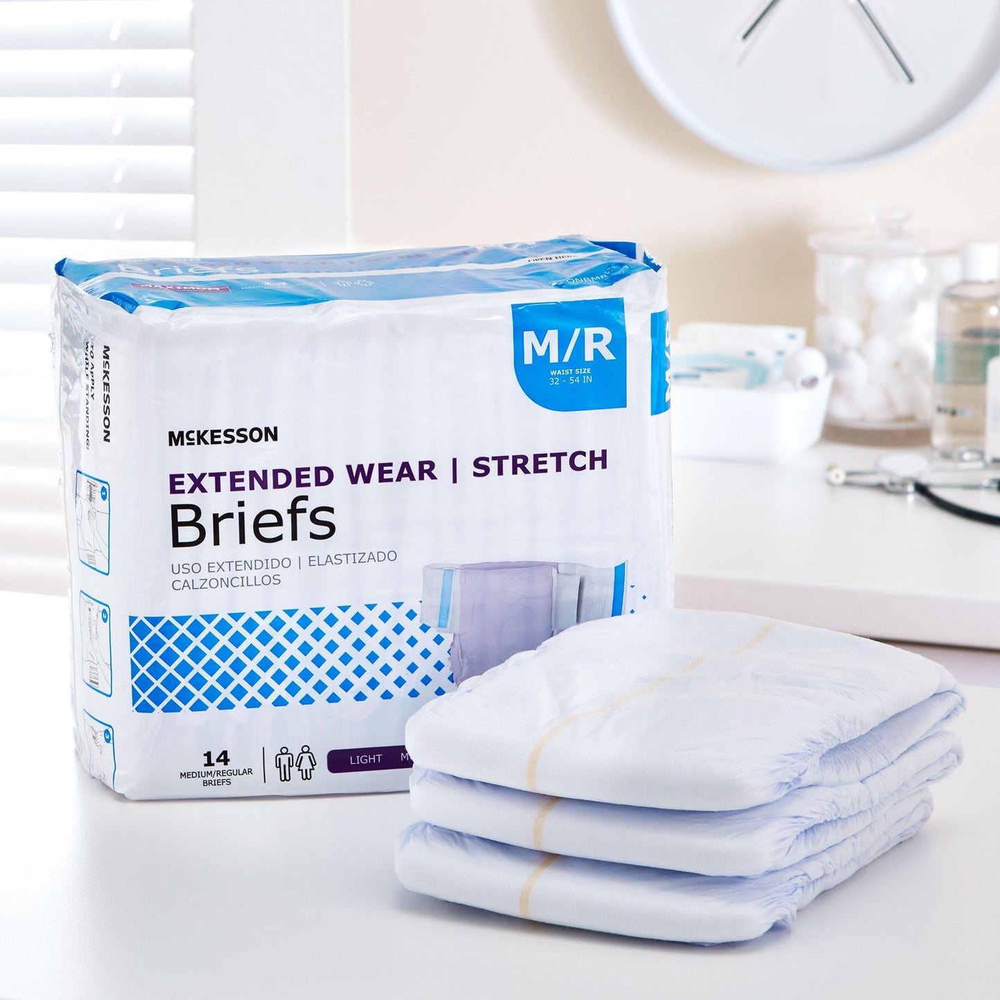 McKesson Extended Wear Stretch Briefs, [56 Count], M/R, 32-54 in. Incontinence Adult Diapers, Maximum Absorbency, Unisex, Disposable, Elastic Leg Gathers and Contoured Fit for Men and Women