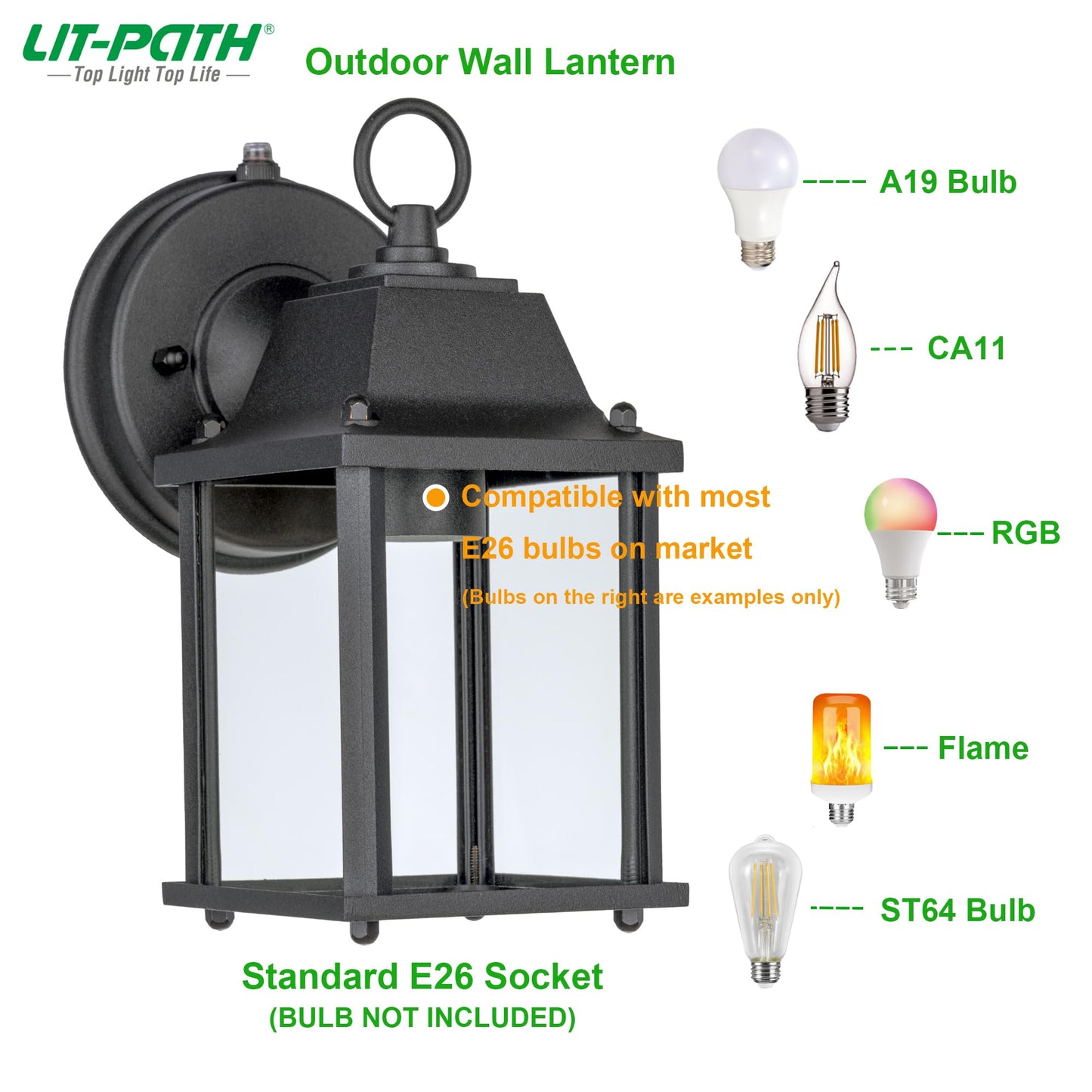 LIT-PaTH Outdoor Wall Lantern, ETL Qualified, Aluminum & Glass, 60W Max, 1-Pack, Black, Model LT-WL009
