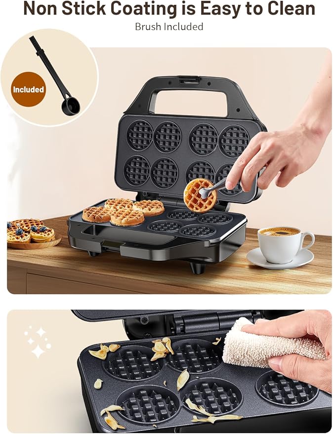 Mini Waffle Maker Machine, 8 Small Waffle Bites, Nonstick Waffle Iron with Quick Heat-Up, Easy Breakfast Makers for Home, Family, Snacks or Desserts