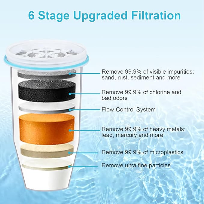 VIPHASES 6 Pack ZR-001 ZR-017 ZR-004 6-Stage Replacement Water Filters, Replacement for Pitchers and Dispensers, Advanced 0 TDS System to Removes 99.99% Lead, Chlorine, Fluoride, PFOA/PFOS