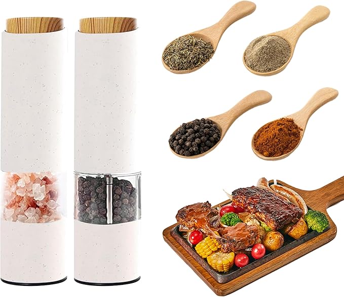 MEHIDFY Electric Salt and Pepper Grinder Set, 2 Pack Salt and Pepper Grinder Battery Operated, One-Handed Automatic Salt and Pepper Mill Grinder with LED Light, Adjustable Coarseness (White)