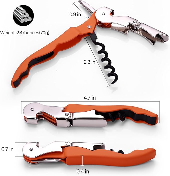 Soft Velvet Touch Waiters Double Hinge Corkscrew Wine Key Bottle Opener，Heavy Duty Waiter Corkscrew, Foil cutter and Bottle Opener,2-pack (2, Orange)