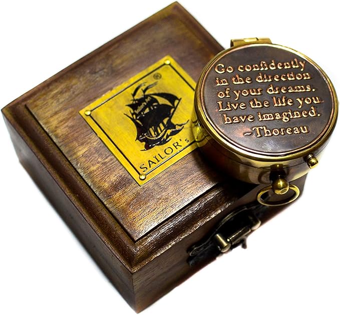 Sailor's Art Pocket Compass | Camping Travelling Equipment | Boat Brass Chain Compass with a Beautiful Quote| Nautical Navy Directional Compass | Table Top