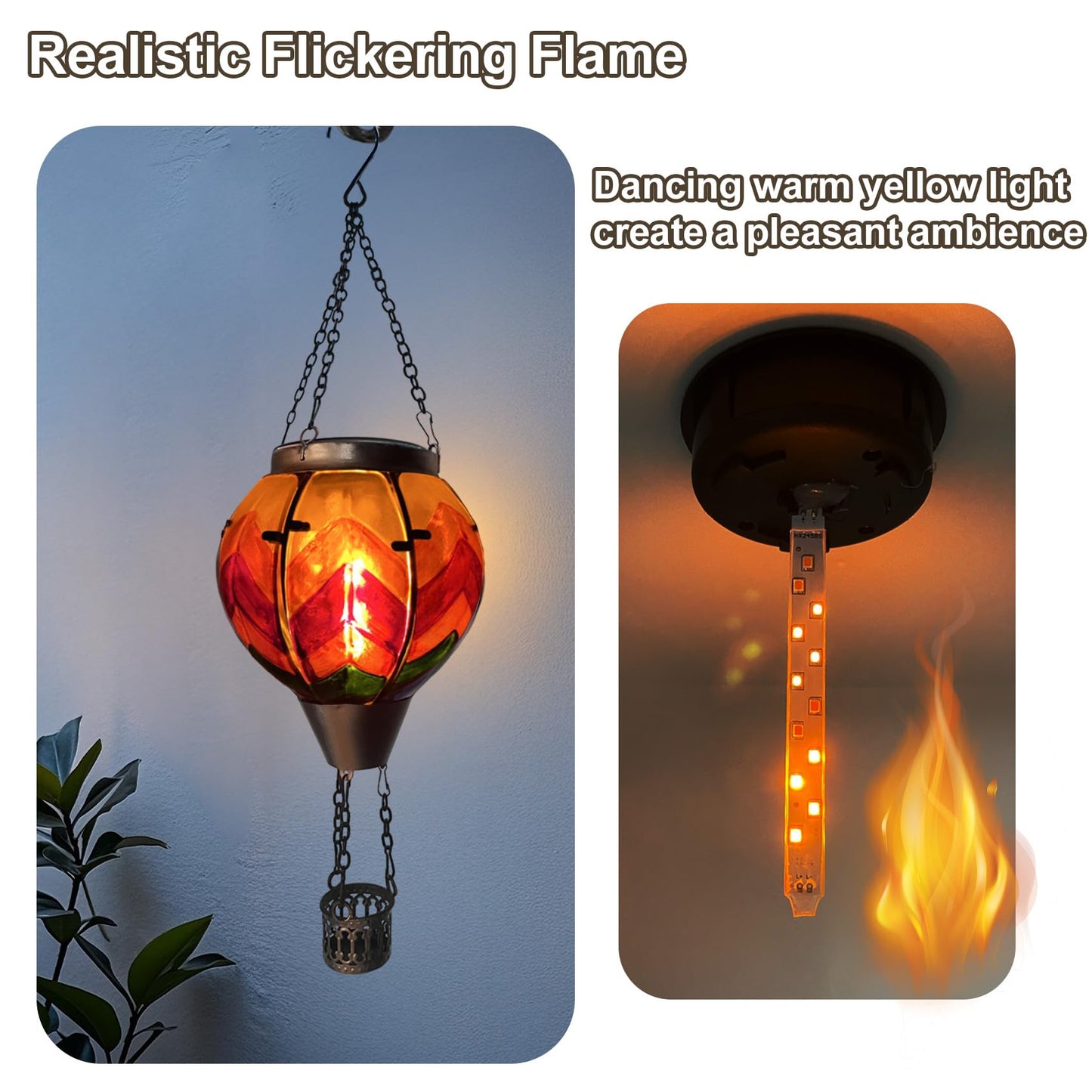 Twirleternity 2Pcs Hot Air Balloon Solar Lantern (Metal Shepherds Hook) (Flickering Flame) (Efficient Solar Panel Power) Hanging Lanterns Outdoor Waterproof Thanksgiving Gifts Colorful Wave