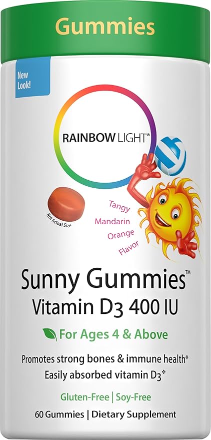 Rainbow Light - Sunny Gummies Vitamin D3 400 IU, Support for Healthy Bones, Muscles, and Immunity in a Family-Friendly Chewable with Vitamin D3, Soy-Free, Gluten-Free, Tangy Tangerine, 60 Gummy Drops