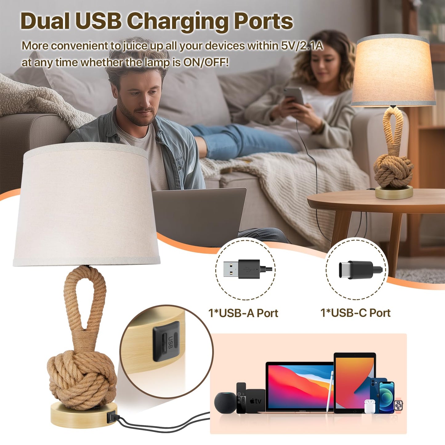 Vallerico 22in Rope Table Lamps Set of 2, Boho Design, USB Ports, Hemp Rope Rattan, Brown, Model VR-RTB-W2
