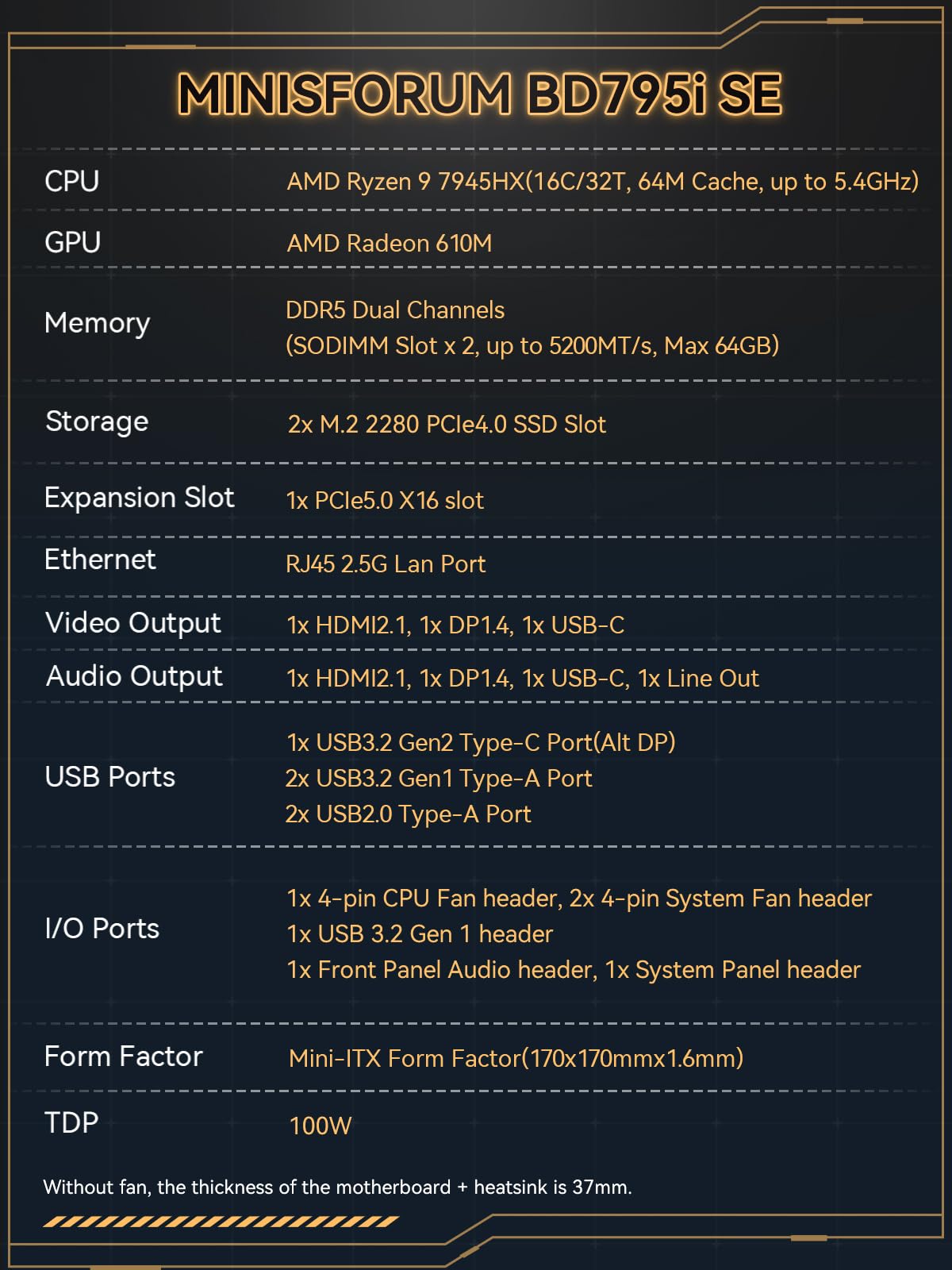 MINISFORUM Motherboard BD795i SE Mini ITX NAS Motherboard, AMD Ryzen 9 7945HX, 16 C/32 T,PCIe 5.0 x16 Slot, Dual PCIe4.0 M.2 Support, DDR5,8K Triple Output(HDMI/DP/USB-C), RJ45 2.5G, USB 3.2
