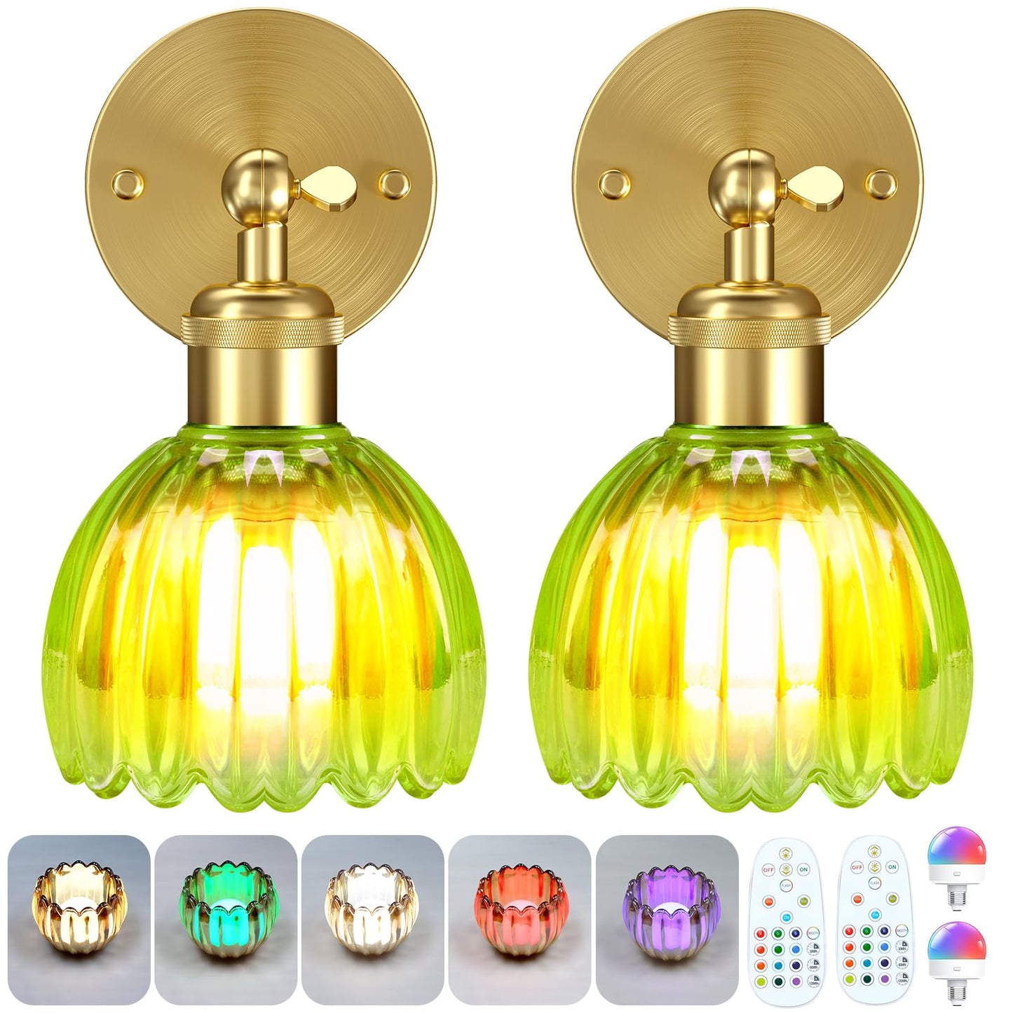 Senluyi Battery Operated Wall Sconce Set of 2, Remote Control, 7000mAh Dimmable RGB Bulbs, Wrought Iron, Green, Model V828