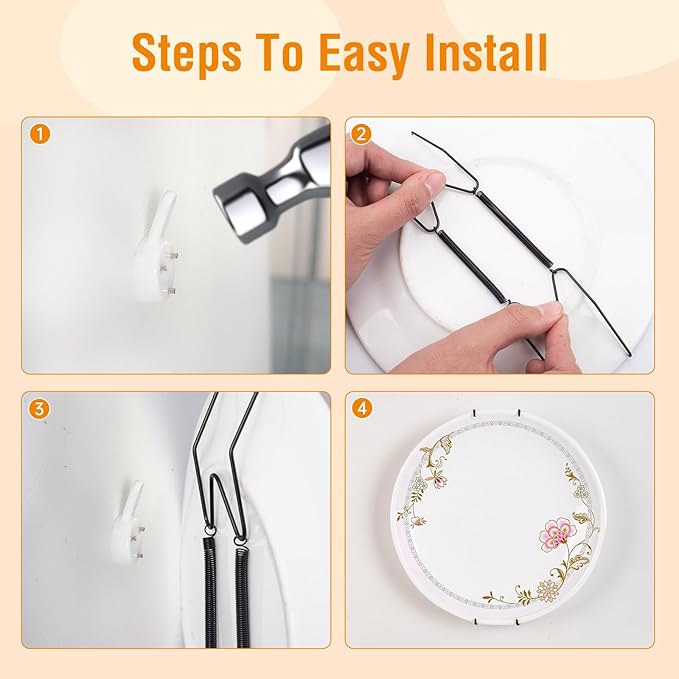 5 Pack Plate Hangers for The Wall, Suitable for 6-8 inch Art Plate, Stainless Steel Invisible Heavy Duty Wire Plate Holder with Wall Hooks, Plate Hangers for Displaying Plates, Platter, Dish, Black