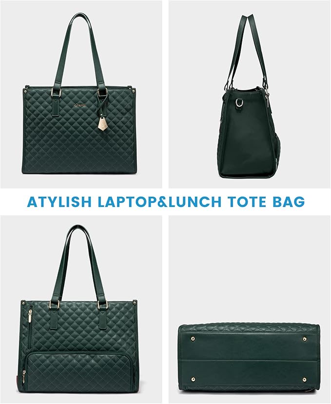 LOVEVOOK Lunch Tote Bag for Women, 15.6 Inch Laptop Bag with Insulated Lunch Compartment, Quilted Large Capacity Computer Handbag with Purse for Business, Work, Nurse, Collage, Office, Casual, Green