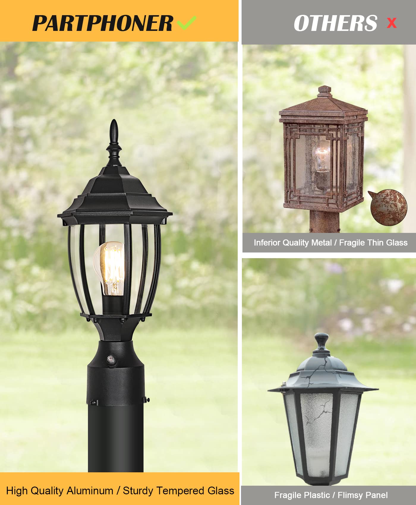 PARTPHONER Outdoor Post Light, 120V Waterproof Aluminum Fixture, 2 Pack, Black Mini, Model PL1159S2P, Clear Glass Lantern for Garden Pathway