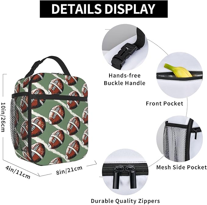 Football Lunch Box for Players,Adults,Men,Sport Ball and Green Background Insulated Lunchbox,Leakproof Tote Bag,Reusable Cooler Bags for Work,Picnic,Office,Travel,Athletic Lunchbag Gifts