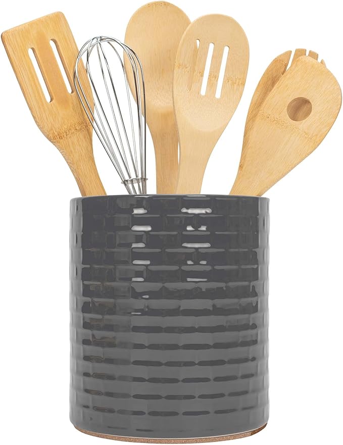 Elanze Designs Embossed Subway Tile Ceramic Stoneware Cork Bottom Kitchen Utensil Holder, Grey