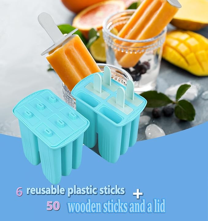 Silicone Popsicle Molds with Sticks Wpunwen 6 Cavity Ice Popsicle MoldsIce Cream Mold with Clean Brush 6 Reusable Sticks 50 Sticks 50 Bags Blue