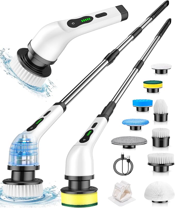 Electric Spin Scrubber, Cordless Cleaning Brush, Shower Scrubber with 9 Floor Machine Pads, 2H Power Dual Speed, Adjustable Extension Handle, IPX7 Waterproof for Floor Carpet Tub Tile Car, O-White.