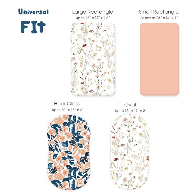GRSSDER Stretchy Ultra Soft Fitted Bassinet Sheets 3 Pack, Universal Fit for Baby Cradle Moses Basket Oval Rectangle Mattress Safe and Snug, Dream & Blush Flora Stylish Print
