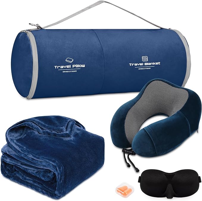 Travel Pillow and Blanket Set Neck Pillows Travel Essentials with Sleep Mask for Airplane Car Memory Foam Blue