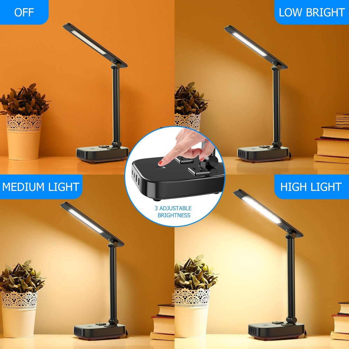 Yostyle LED Desk Lamp with 4 USB Ports, 2 AC Outlets, Touch Dimmer, Black, Model SPMKJ-07