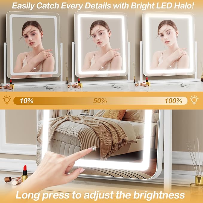 Makeup Vanity Mirror with Lights 15.2" Large LED Lighted Mirror, Hollywood Make Up Mirror with Lighting for Bedroom Tabletop, Smart Touch, Detachable 10X Magnification 360° Rotation, (Black)