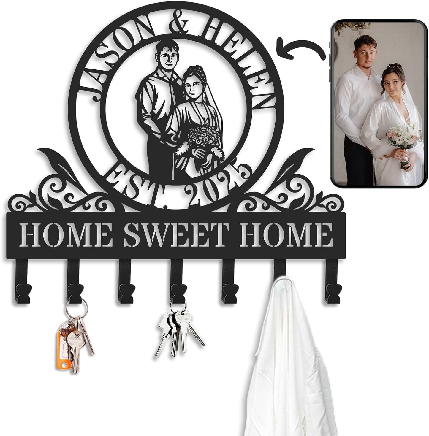 Personalized Metal Portrait with Key Hooks, Custom Photo Wall Key Holder, Iron Portrait from Your Photo, Anniversary Wedding Birthday Gift, Personalized Wall Decor