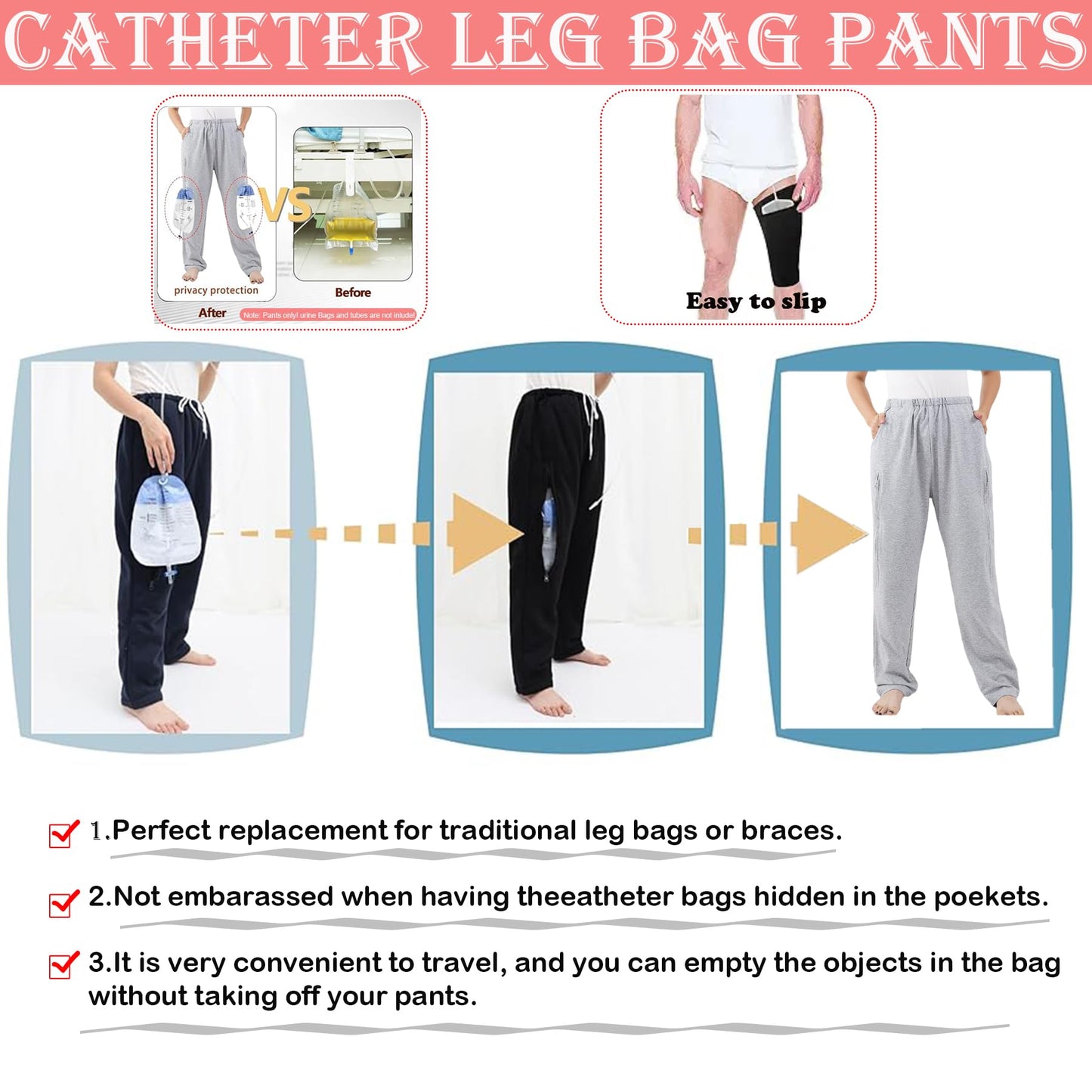 AUSTYLCO Urine Bag Holder Pants with Zippered Pockets,Incontinence Catheter Pants,Urine Bag Holder Trousers for Nephropathy Nephrostomy,Cystostomy,Eelderly