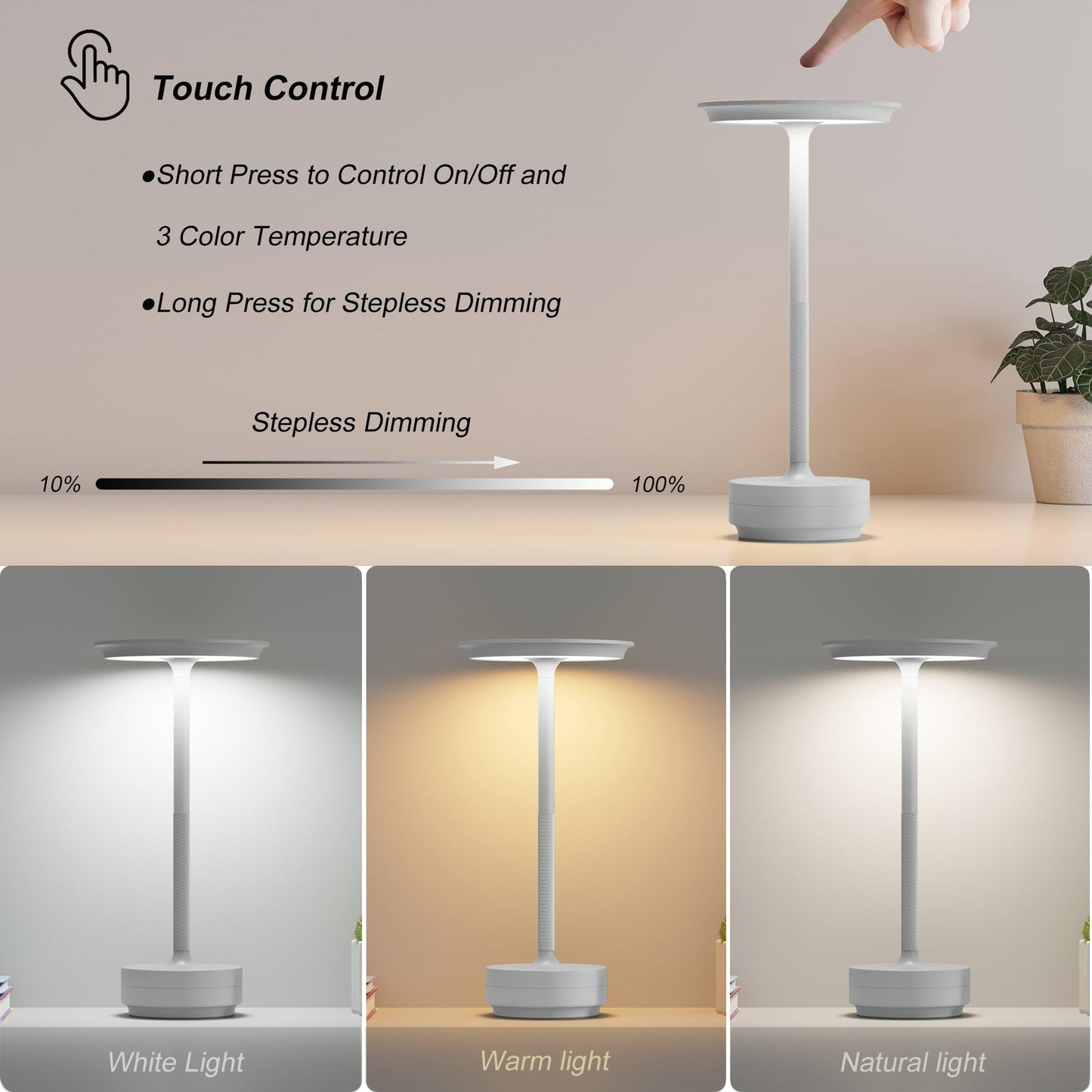 TBBGA Rechargeable Table Lamps 5000mAh, 3 Color Dimming, Portable, Light Gray, Model T106C