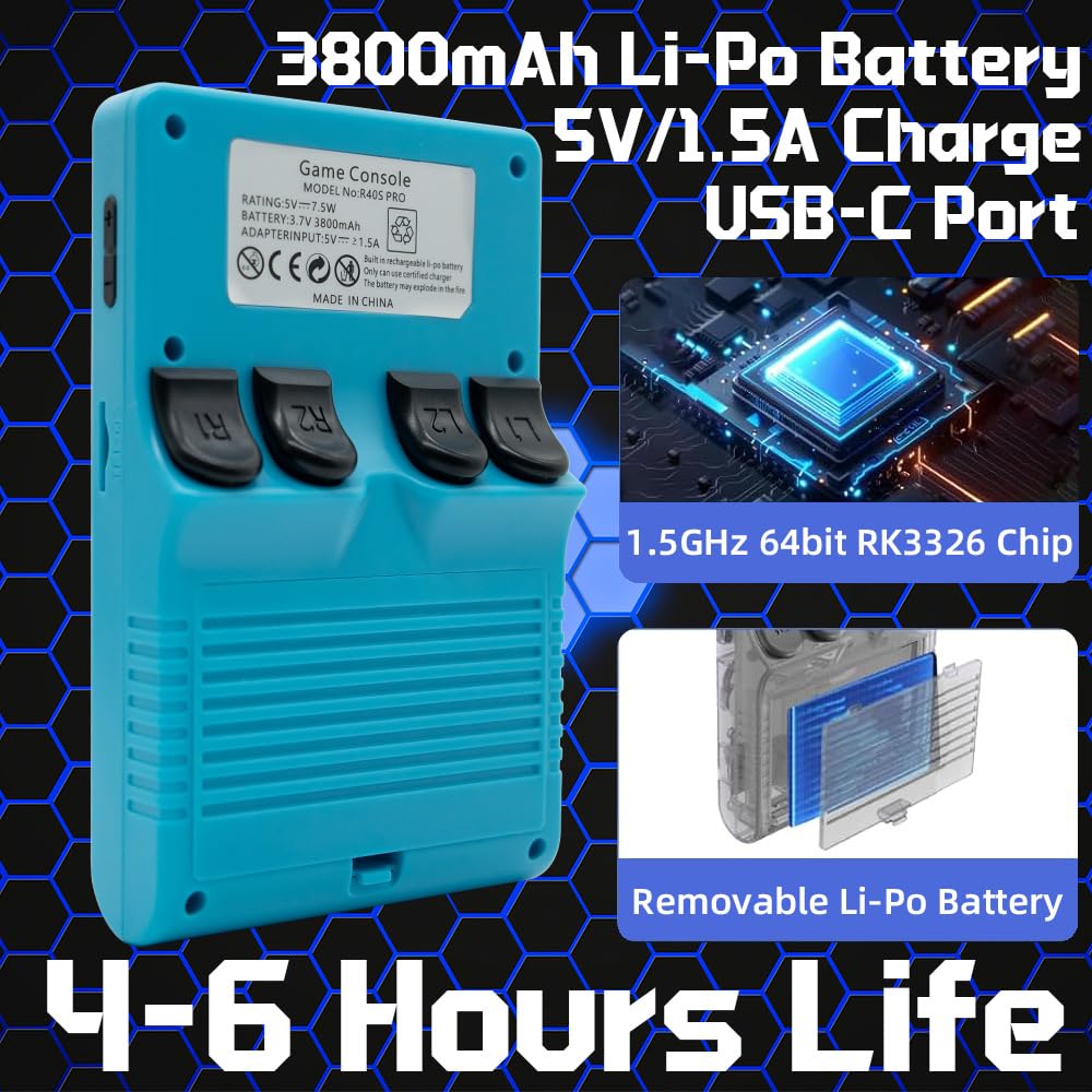 R40S Pro Handheld Game Console 3.5-in 640*480 IPS OCA Screen ArkOS 2.0 RK3326 r40spro with Portable Case Blue-64GBVer.