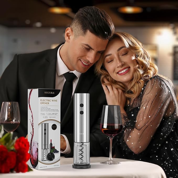 Secura Stainless Steel Electric Wine Opener, Rechargeable Automatic Wine Bottle Opener with Foil Cutter & Charging Cable, Reusable Corkscrew Wine Opener Electric for Home Party Bar Outdoor, Silver