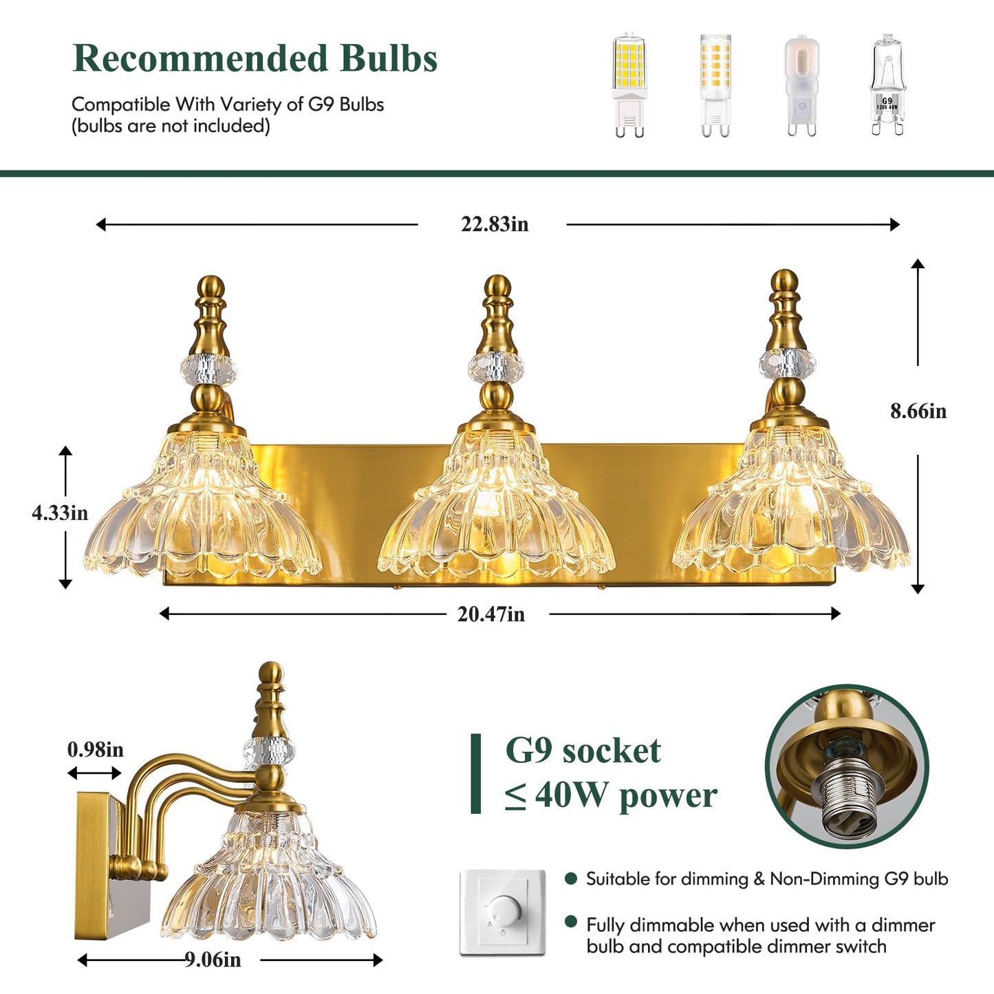 Lbsqj Vintage Bathroom Vanity Light  3-Light Gold Vanity Lighting Fixture With Flower Glass Shade  Bathroom Lighting Fixtures Over Mirror