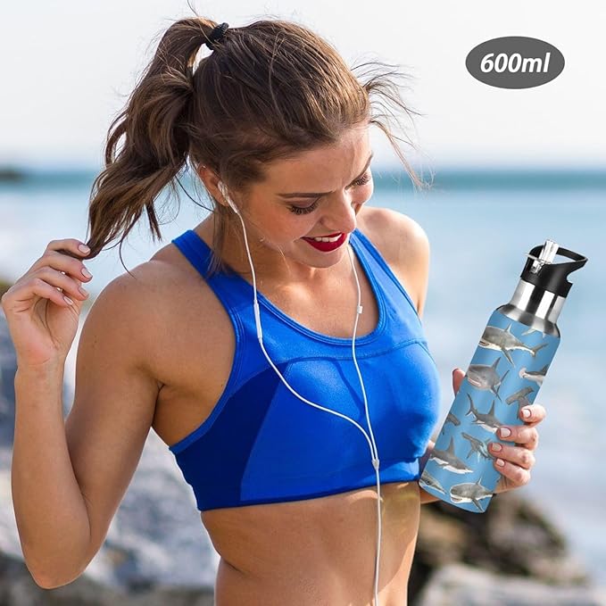Stainless Steel Water Bottle with Straw Lid - 20 Oz Sports Insulated Water Bottle Thermos for Sport Gym Outdoor Travel School (shark hammerhead shark)