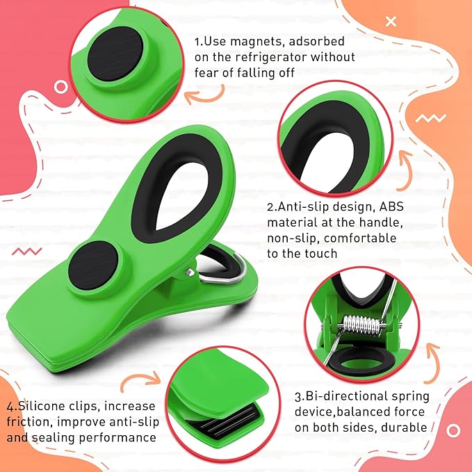 FINDMAG Big Chip Clip, Green Magnetic Wide Bag Clip Set, Cute Magnet Clips for Food, Plastic Food Clips Great for Kitchen, Home, Snacks, Bread, 12 Pack