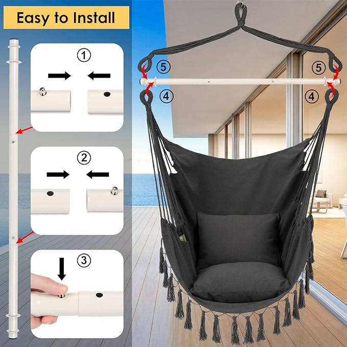 Y- STOP Hammock Chair Hanging Rope Swing, Max 500 Lbs, 2 Cushions Included, Large Macrame Hanging Chair with Pocket, Cotton Weave for Superior Comfort, Durability (Dark Grey)