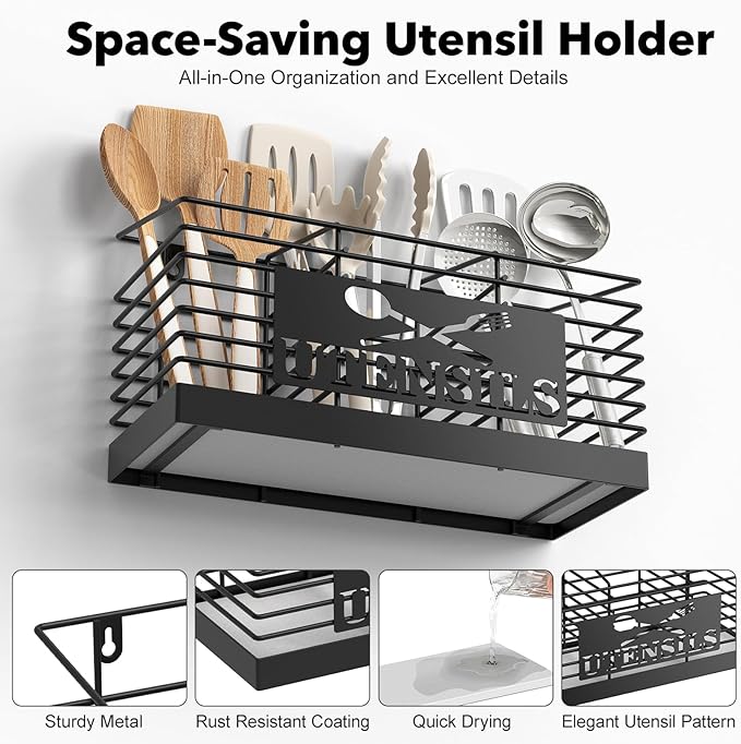 Large Utensil Holder for Kitchen Counter with Fast-Drying Diatomaceous Earth Base, Wall Mountable Metal Utensil Organizer, 3-Compartment Cooking Tools and Silverware Storage Rack, Black