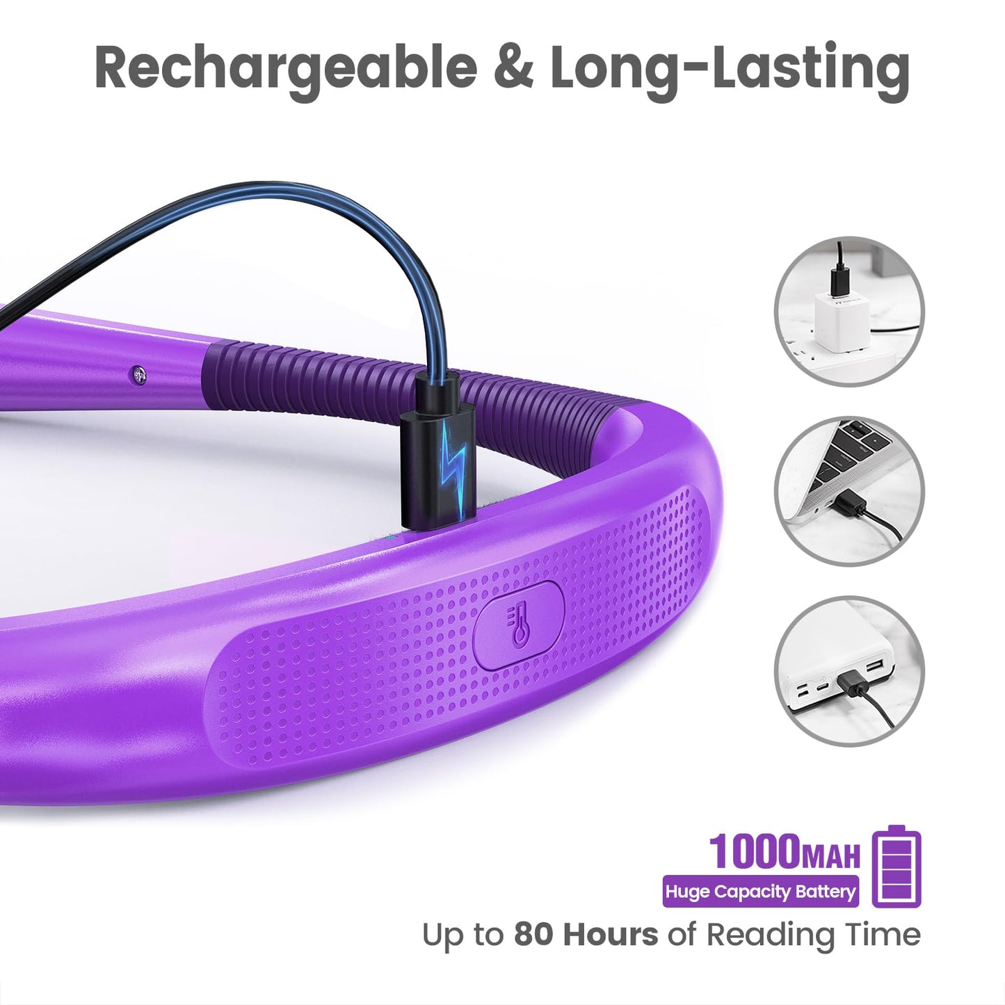 Glocusent LED Neck Reading Light, 3 Colors, 6 Brightness Levels, Rechargeable, Lilac Purple, Model GLCSNTBL011